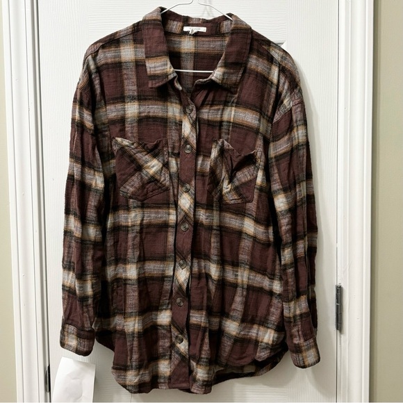 Maurices Cabin Plaid Brown Oversized Flannel Button Down Shirt Womens Size Large - Picture 2 of 8